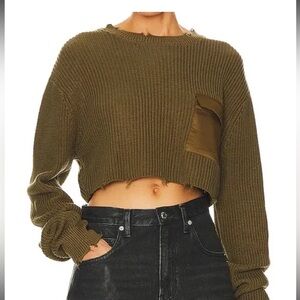 Ser.Oya Olive Distressed Cropped Crewneck Sweater
